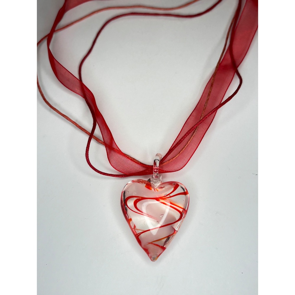 Red Art Glass Heart Pendant Necklace Red Ribbon Cord Swirl Design Handcrafted